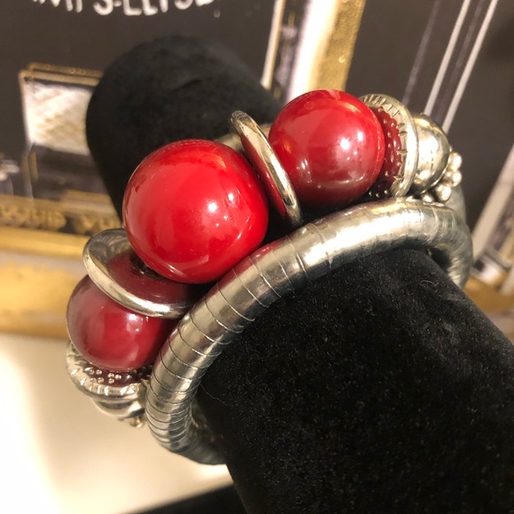 Statement Silver COIL With Red-Burgundy + Silver Spheres/Beads BRACELET *Unique - Picture 2 of 5